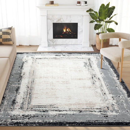 Abani Viva Ivory Abstract Border Grey Area Rug: 2' x 3' - Decor Addict, LLC