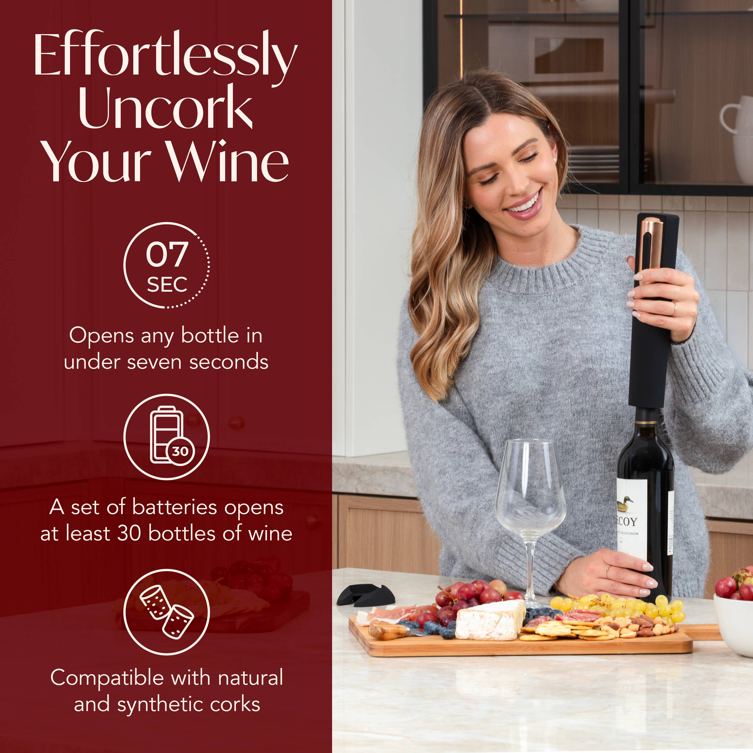 Vin Fresco Electric Wine Opener, Battery-Powered Corkscrew: Black & Silver - Decor Addict, LLC