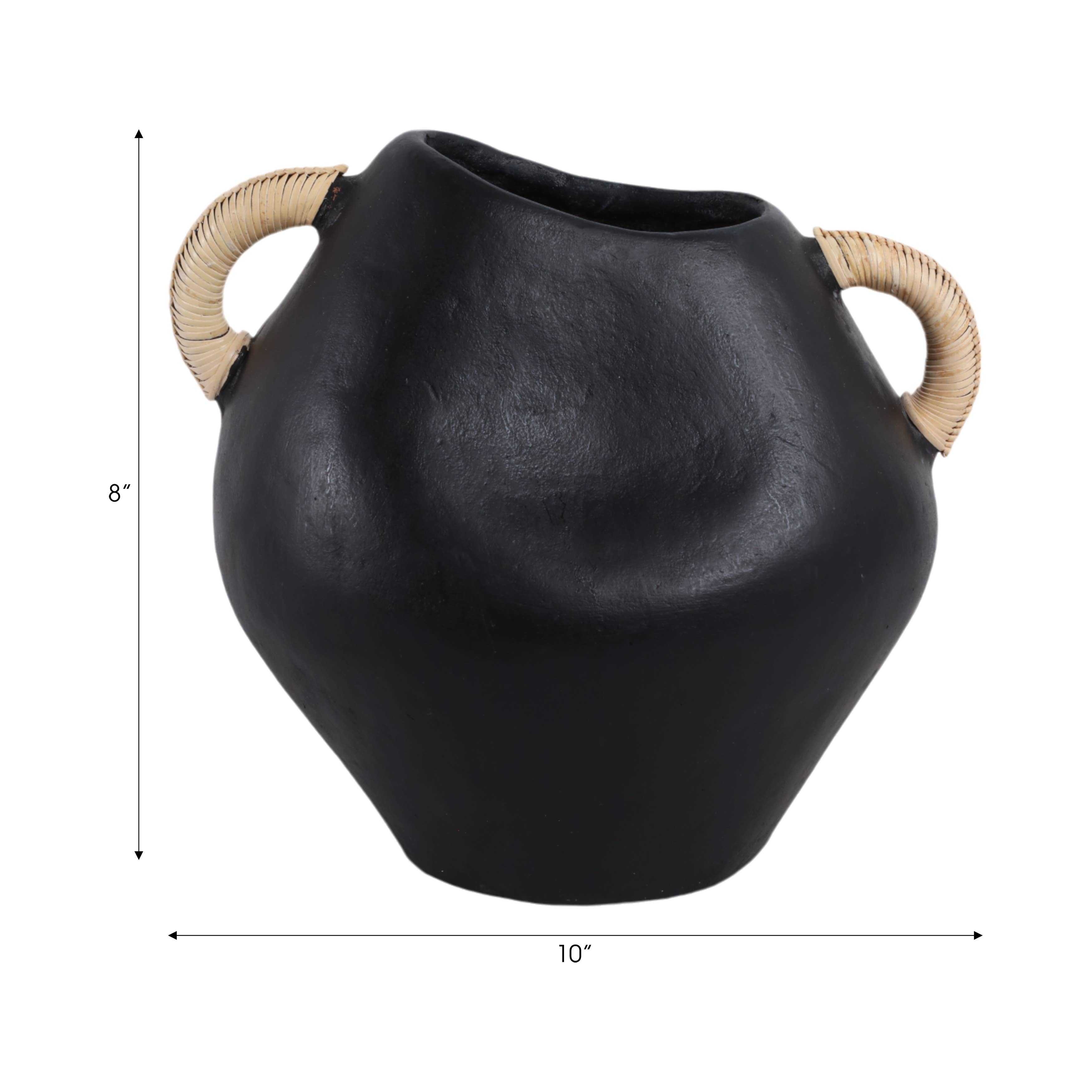 Black 10 in. Pottery Novelty Jug Vase with Rattan Handles - Decor Addict, LLC