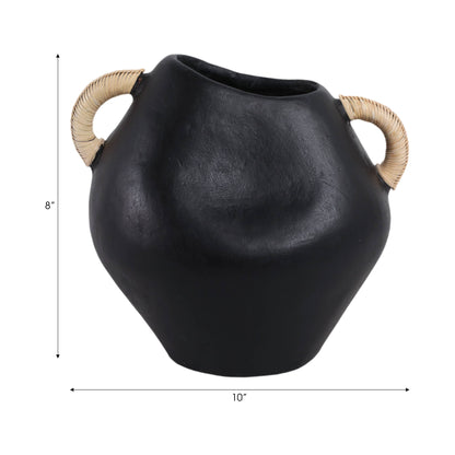 Black 10 in. Pottery Novelty Jug Vase with Rattan Handles - Decor Addict, LLC
