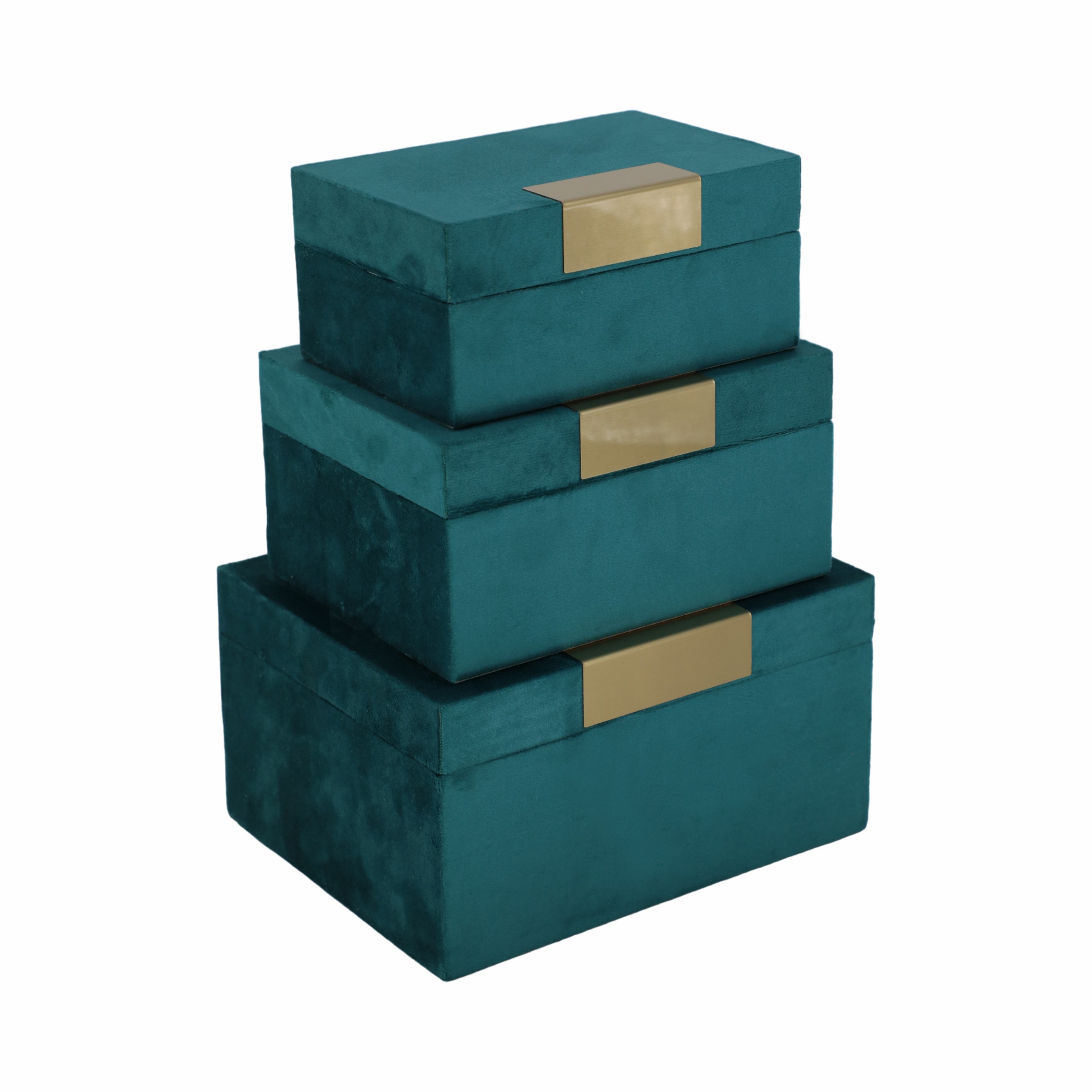 Velvet,s/3 7/8/9"l,jewelry Boxes,teal/gold - Decor Addict, LLC