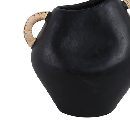 Black 10 in. Pottery Novelty Jug Vase with Rattan Handles - Decor Addict, LLC