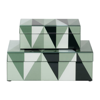 Glass, S/2 8/11" Triangles Boxes, Green/white - Decor Addict, LLC