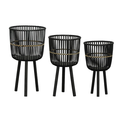 S/3 Bamboo Footed Planters 11/13/15", Black - Decor Addict, LLC