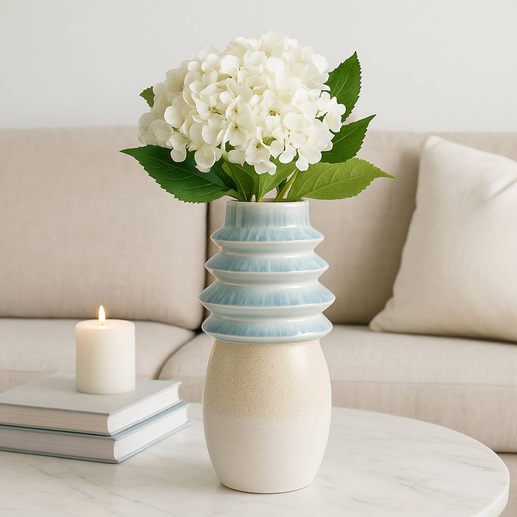 Ceramic Reactive Finish Fluted Top Vase - Blue, 15 in. - Decor Addict, LLC