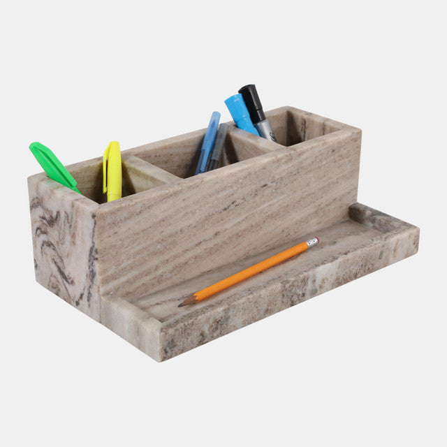 12x7" Marble 3-Cup & Tray Desk Organizer, Tan - Decor Addict, LLC