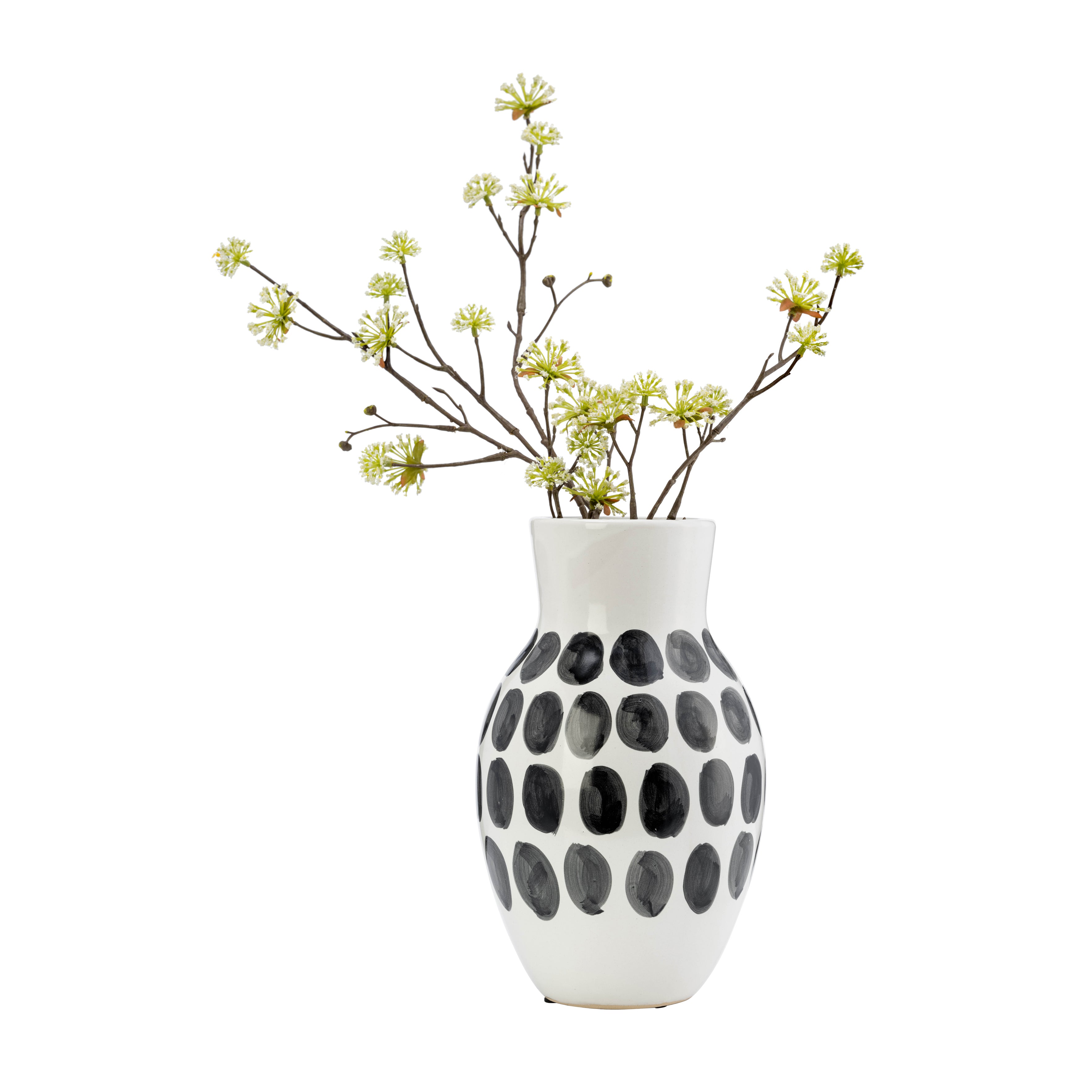 Cer, 10"h Blk Polk-a-dot Flower Vase, White - Decor Addict, LLC