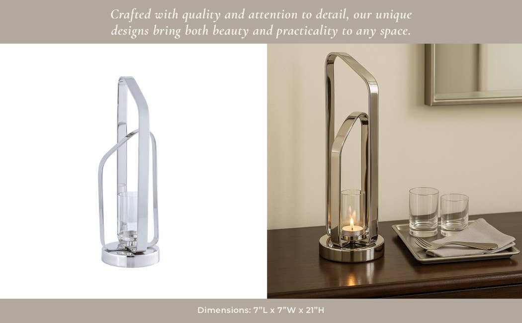 Candle Holder - Silver Metal Stylish Hurricane, 21 in. - Decor Addict, LLC