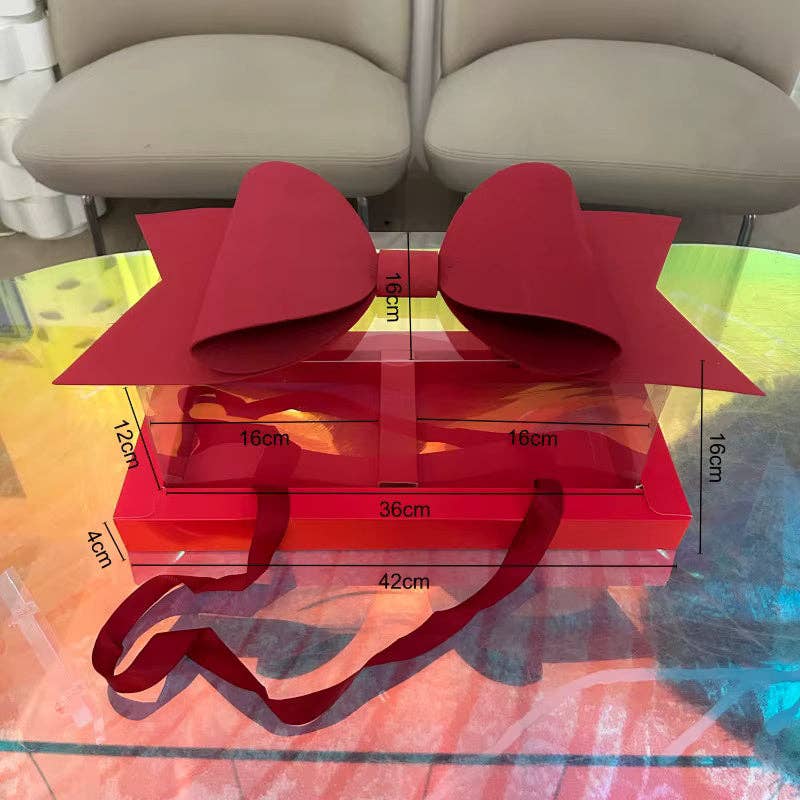Big Bow Two Section Rectangle Flower Box with Clear Lid (2 pcs/set): Red - Decor Addict, LLC