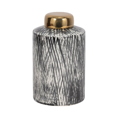 Black/White 10 in. Ceramic Novelty Cross Hatch Ginger Jar - Decor Addict, LLC