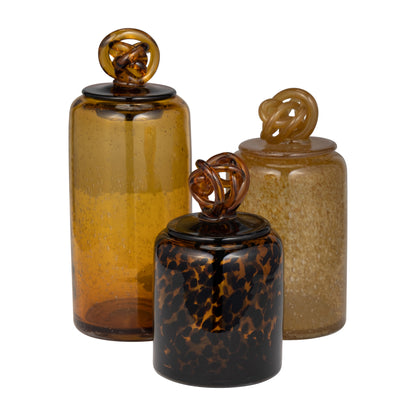 Glass, 10" Jar W/ Knot Lid Amber Bubble - Decor Addict, LLC