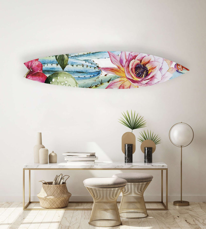 Cactus with Poppy Flowers Acrylic Surfboard Wall Art