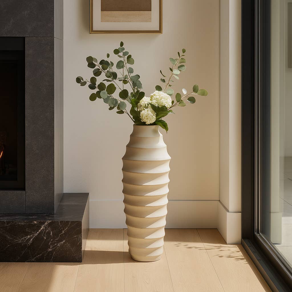 Decorative Floor Vase - Ivory Ecomix Textured Ribbed, 33 in. - Decor Addict, LLC