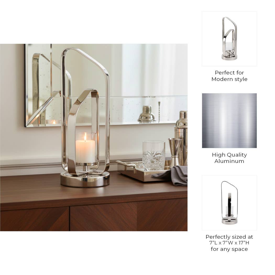 Candle Holder - Silver Metal Stylish Hurricane, 17 in. - Decor Addict, LLC