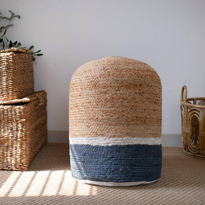 Jute Farmhouse Natural/Gray Hand Woven Cylinder Pouf - Decor Addict, LLC