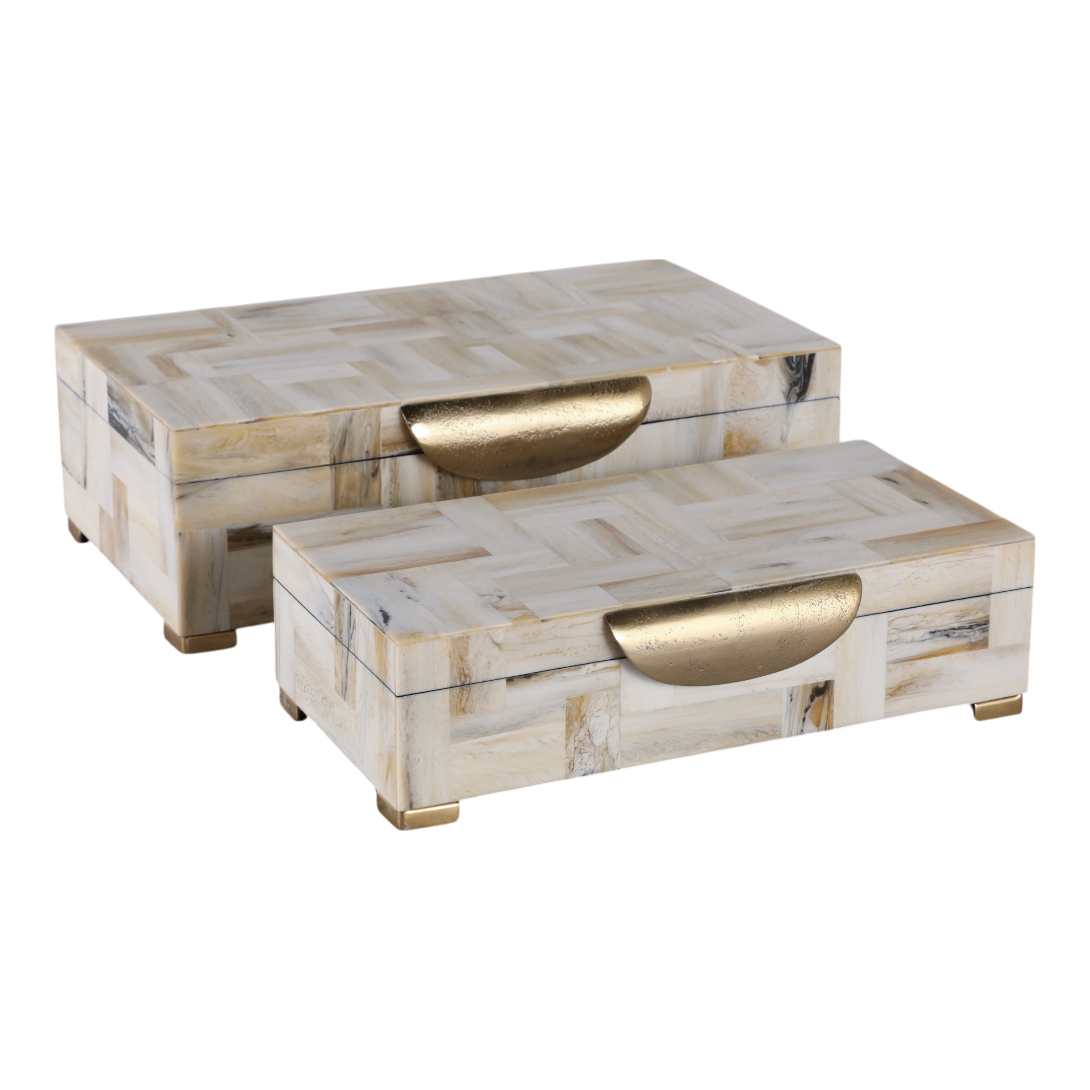 S/2 12/14" Marbled Resin Footed Boxes, Tan Multi - Decor Addict, LLC