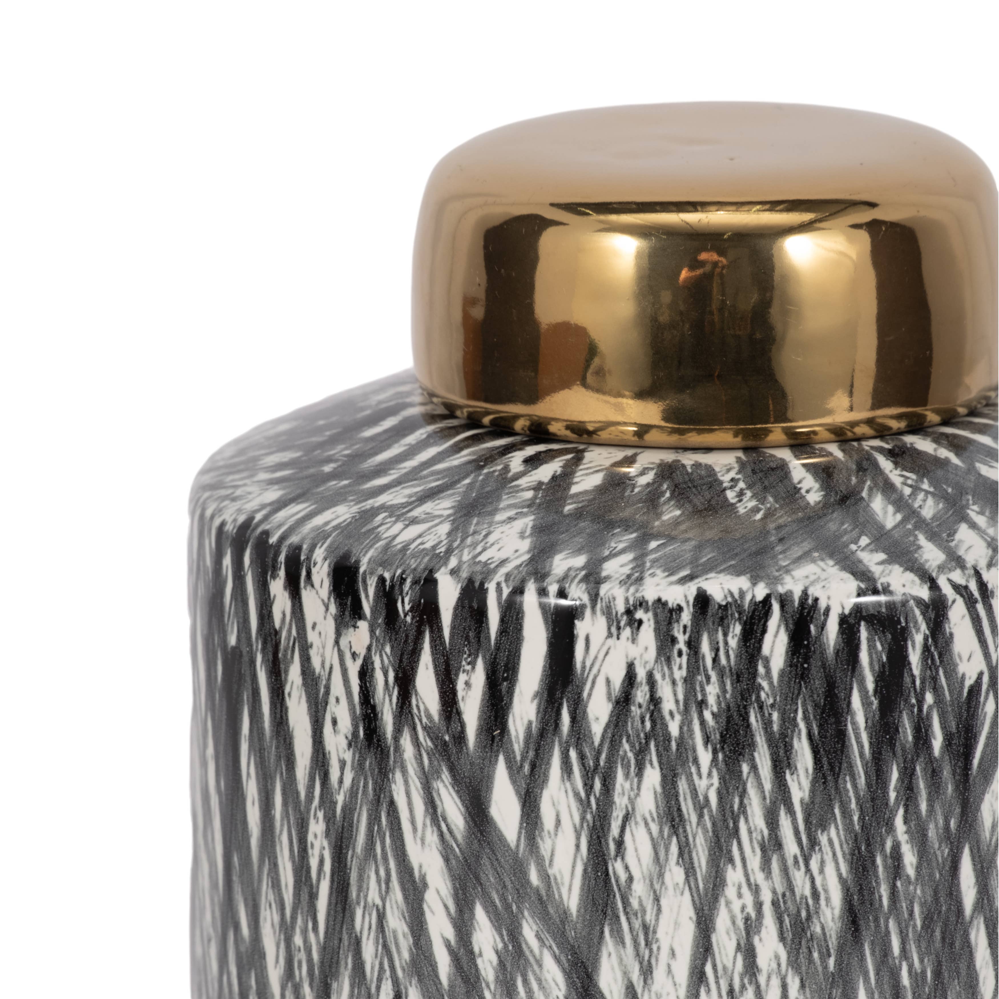 Black/White 10 in. Ceramic Novelty Cross Hatch Ginger Jar - Decor Addict, LLC