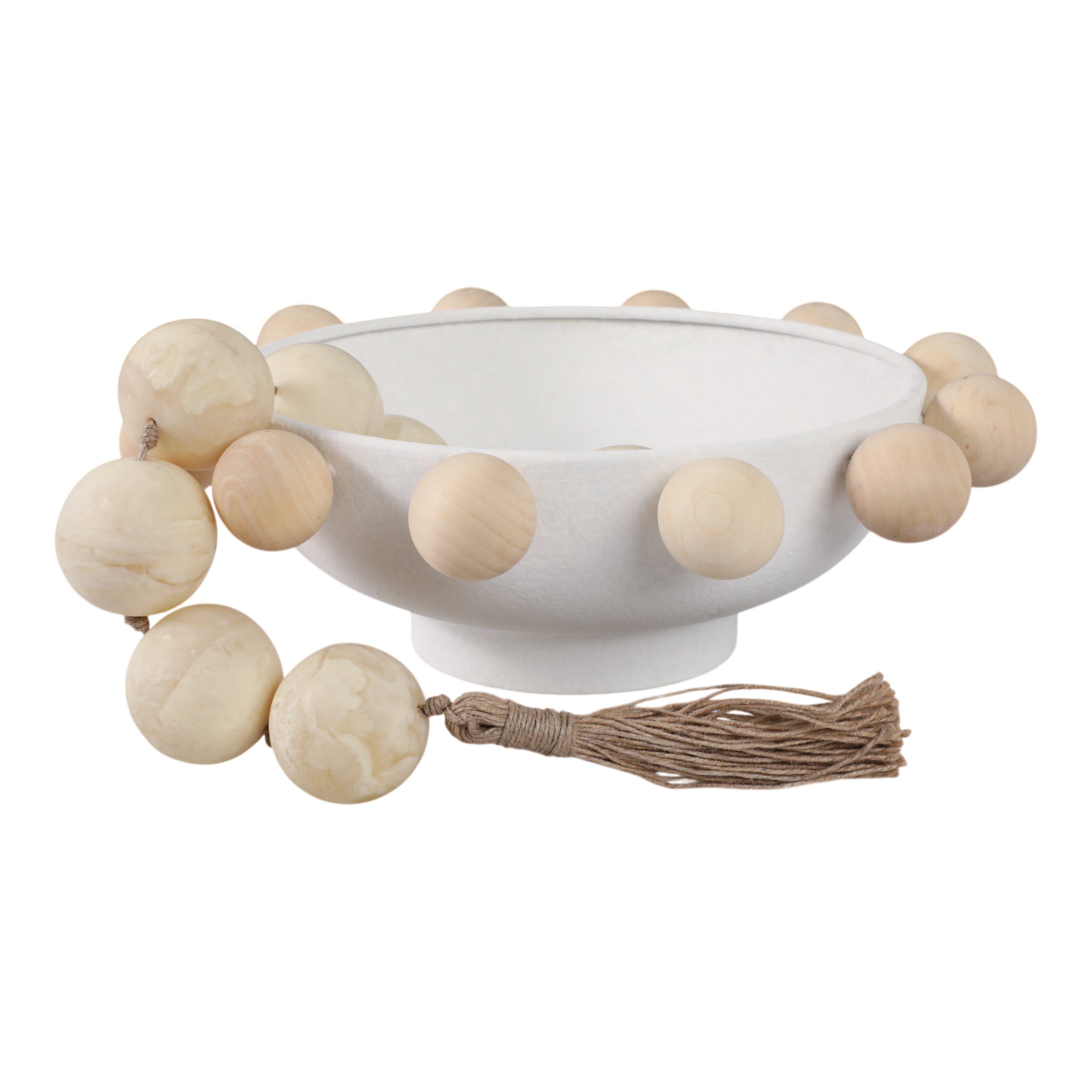 13" Bowl With Large Wooden Knobs, White - Decor Addict, LLC