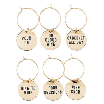 Gold Wine Charms in Pine Box - Wine Tasting Daily: Spot Clean Only / Wood, Stainless Steel, Zinc Alloy - Decor Addict, LLC