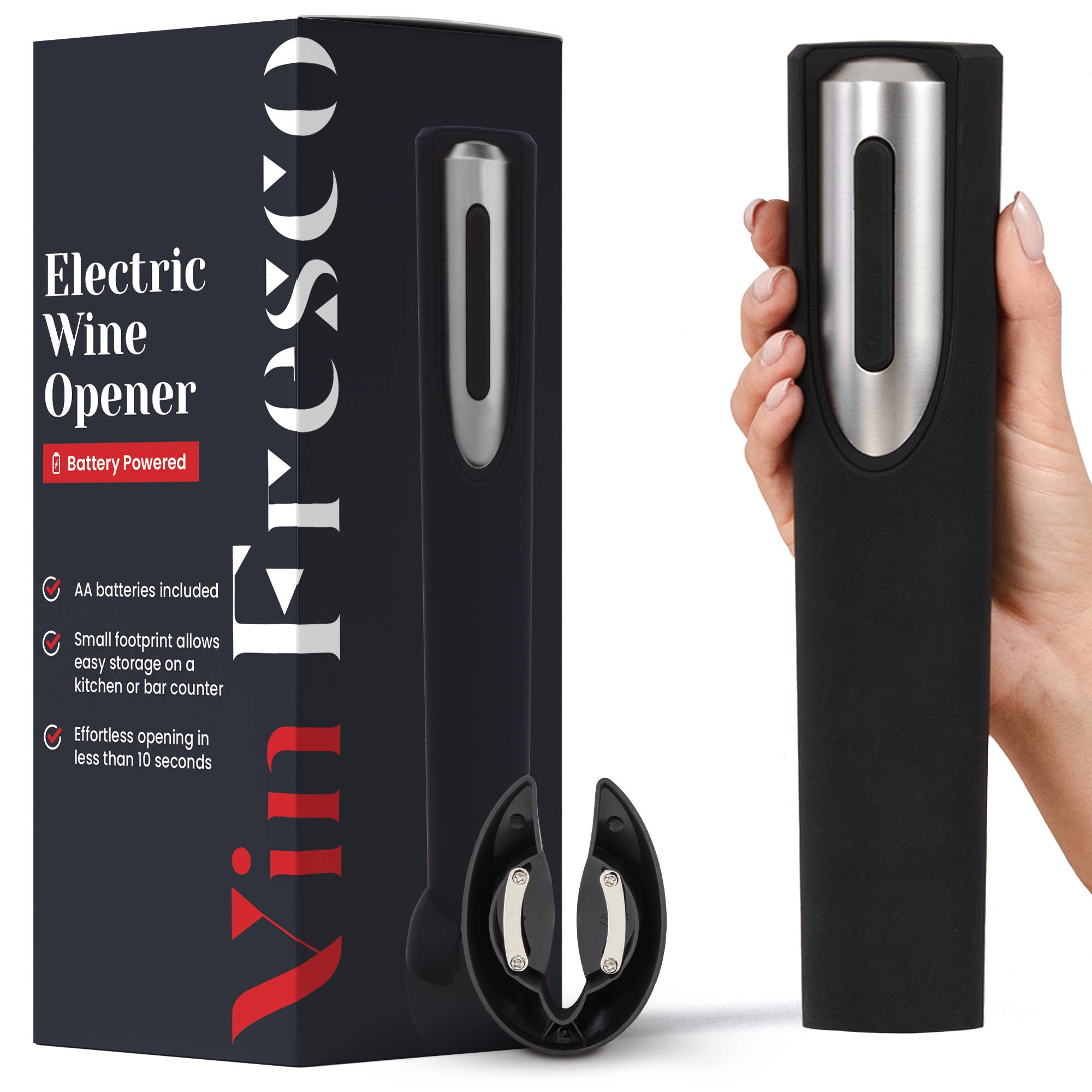 Vin Fresco Electric Wine Opener, Battery-Powered Corkscrew: Black & Silver - Decor Addict, LLC