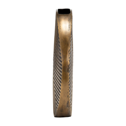 Metal, 13"h Round Ribbed Vase, Brass Antique - Decor Addict, LLC