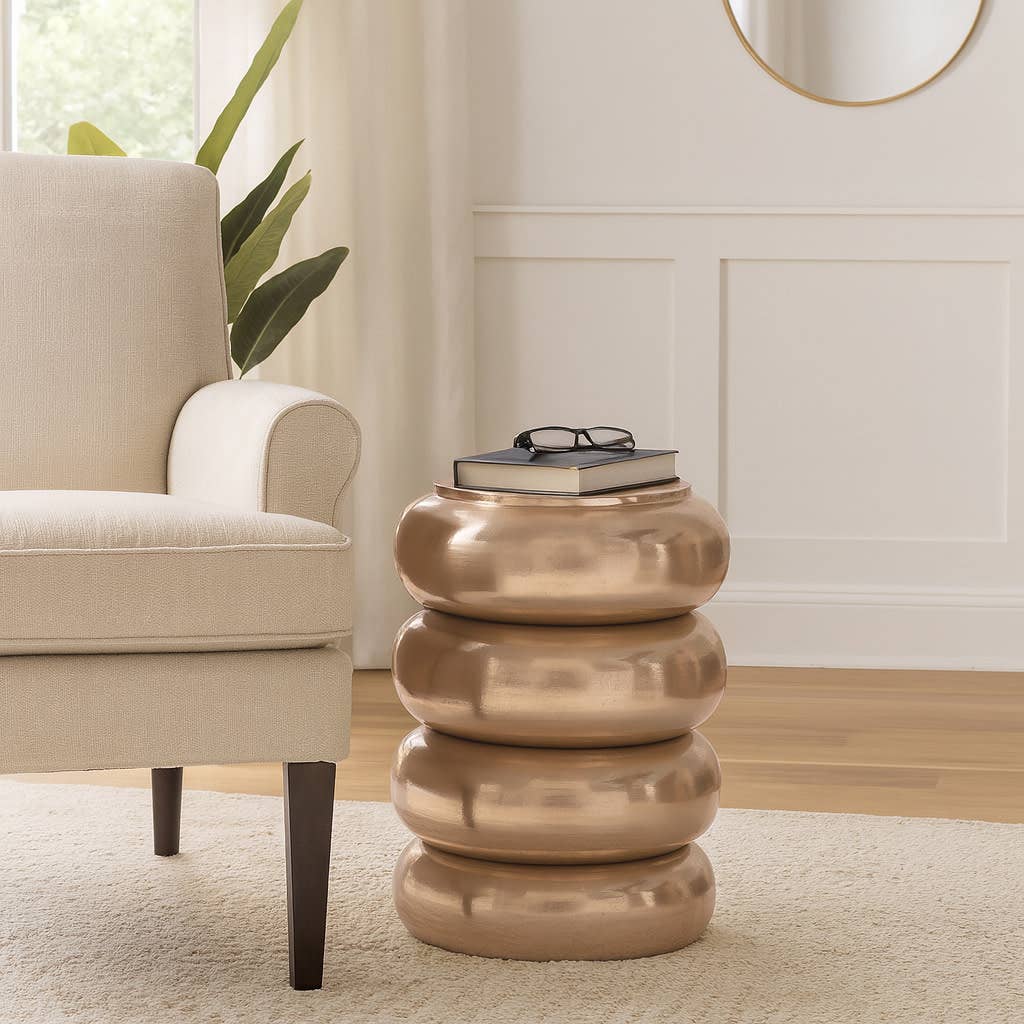 Side Table - Gold Metal Narrow Bold Rounded Drum, 20 in. - Decor Addict, LLC