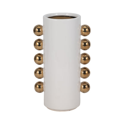 Cer, 10" Vase W/ Side Knobs, White/gold - Decor Addict, LLC
