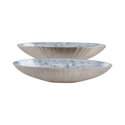 S/2 20/23" Oval Metal Bowl W/ Enamel,light Blu/sil - Decor Addict, LLC