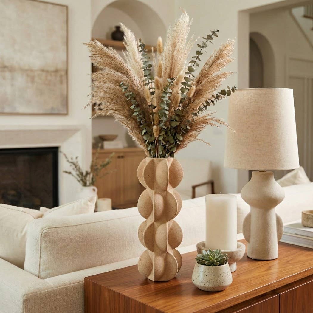 Decorative Vase - Tan Ceramic 3D Printed Textured, 14 in. - Decor Addict, LLC