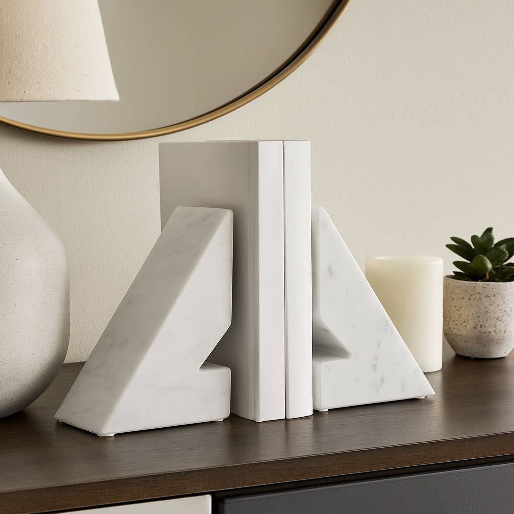 Bookends Set - White Marble Modern Right Triangle, 6 in. - Decor Addict, LLC