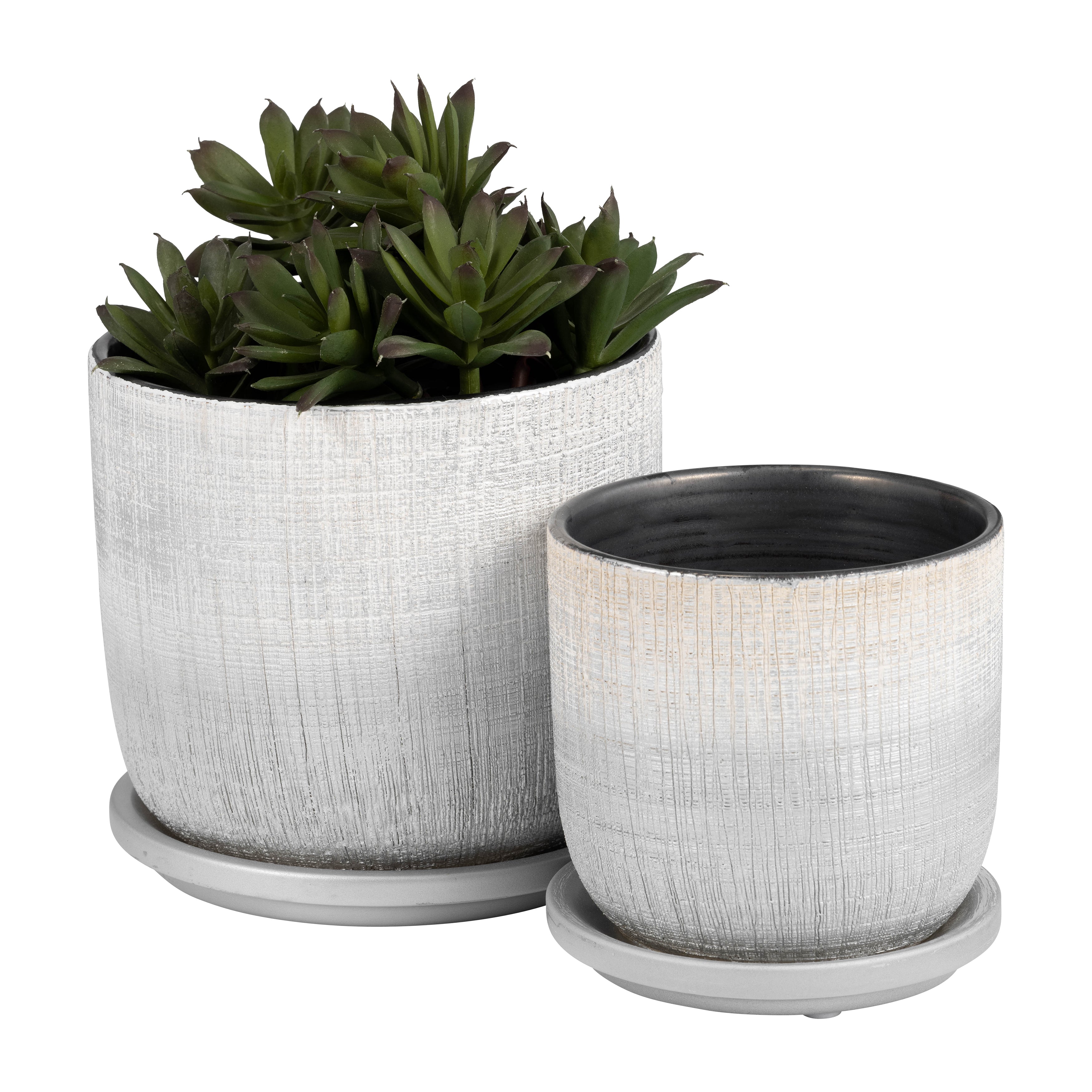 S/2 5/6" Textured Planter With Saucer, Silver - Decor Addict, LLC