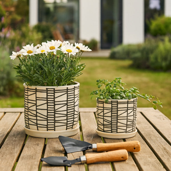 Ceramic Planter with Saucer, Beige (Set of 2)