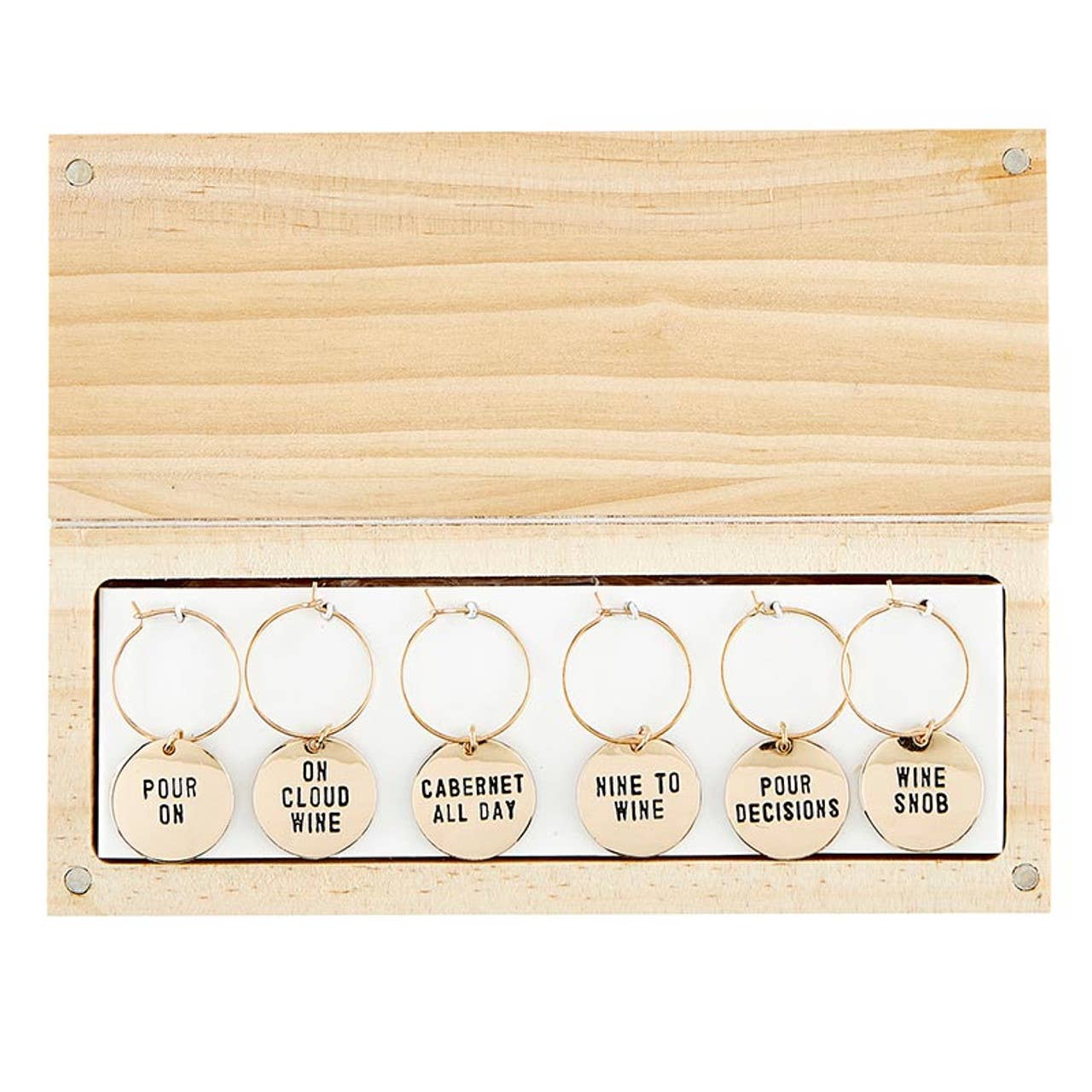Gold Wine Charms in Pine Box - Wine Tasting Daily: Spot Clean Only / Wood, Stainless Steel, Zinc Alloy - Decor Addict, LLC