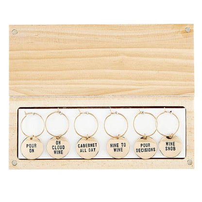 Gold Wine Charms in Pine Box - Wine Tasting Daily: Spot Clean Only / Wood, Stainless Steel, Zinc Alloy - Decor Addict, LLC