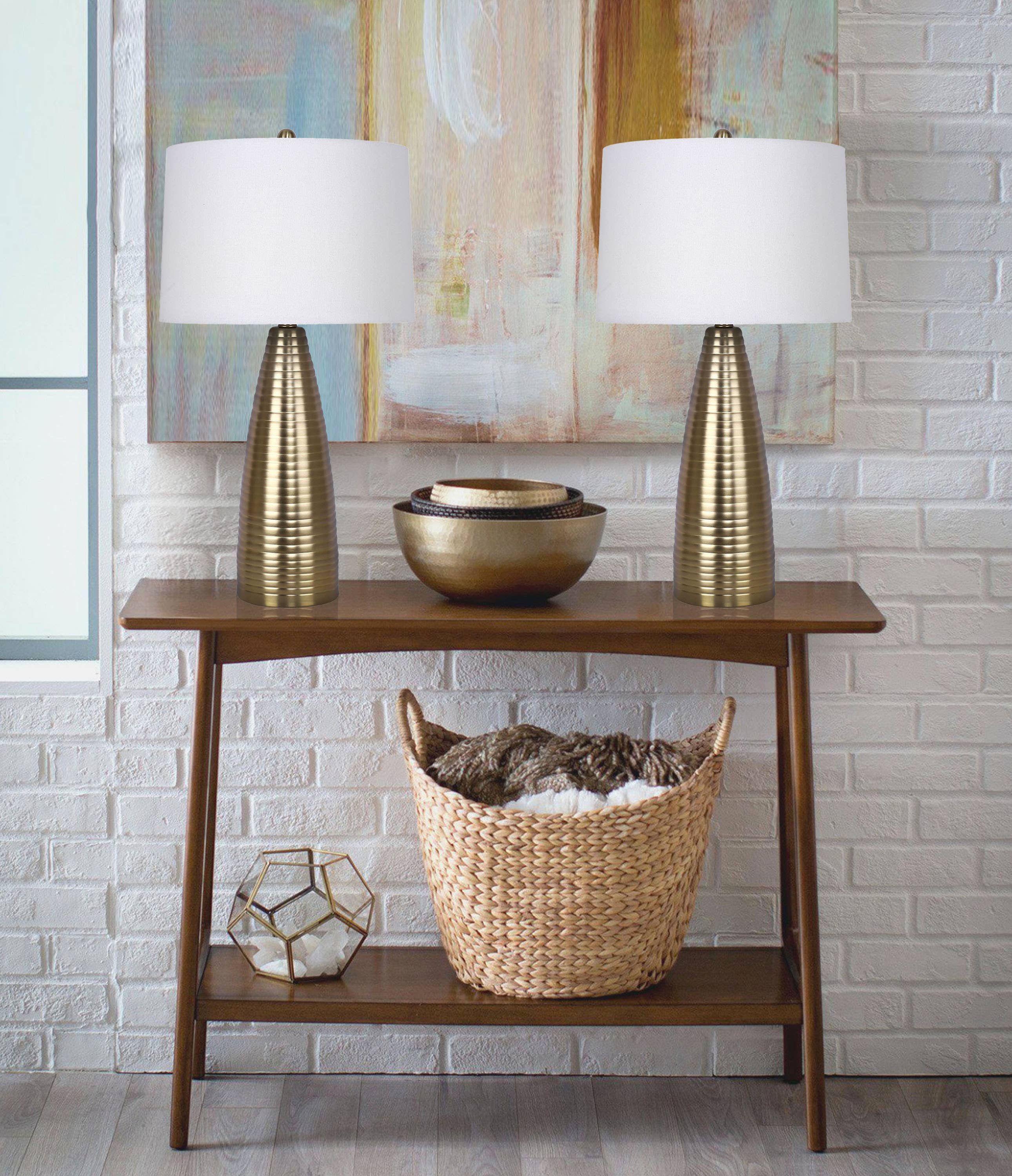 28" Metal Table Lamps ft. Ribbed Body Design (Set of 2): Gold Plated w/ Off-White Shades - Decor Addict, LLC