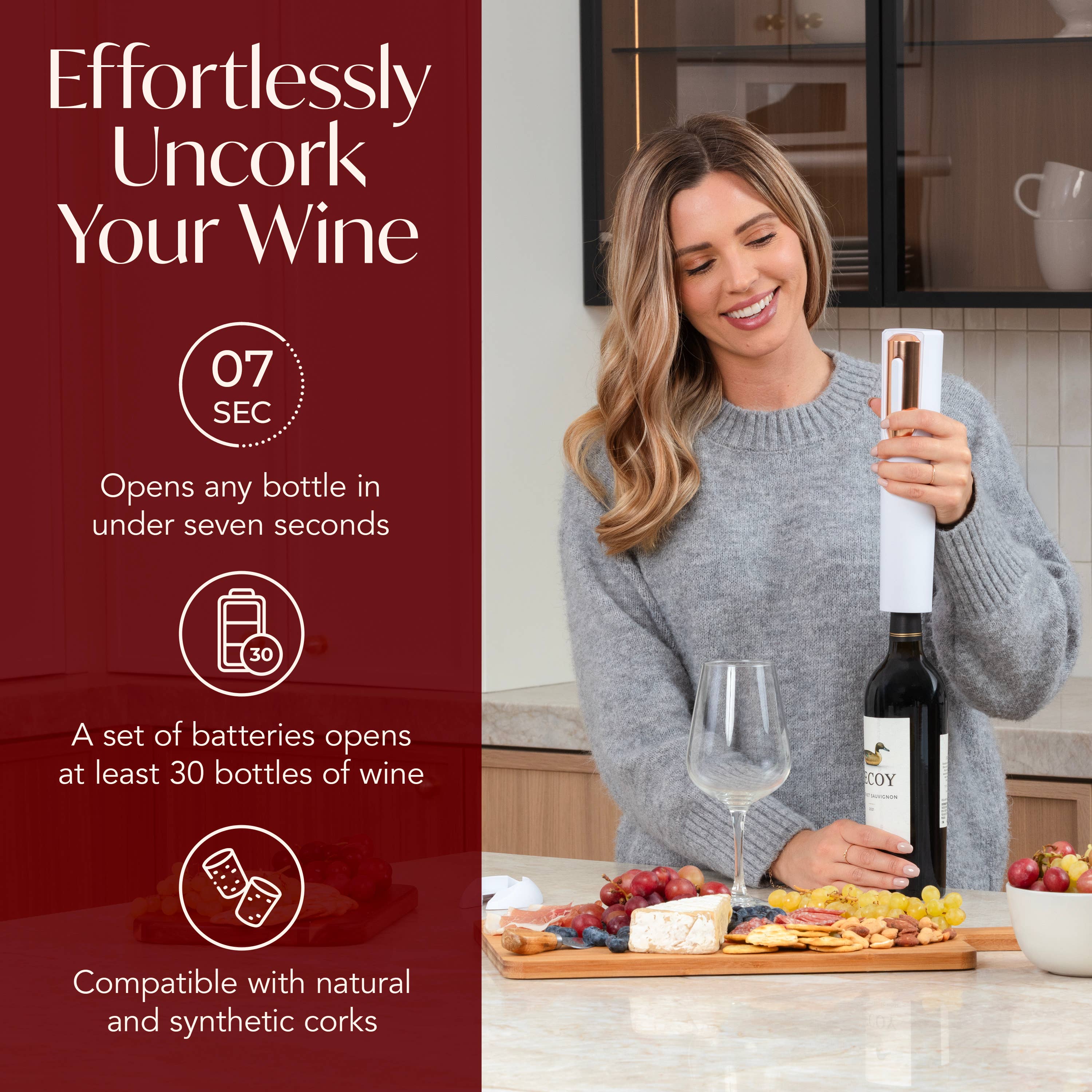Vin Fresco Electric Wine Opener, Battery-Powered Corkscrew: White & Rose Gold - Decor Addict, LLC