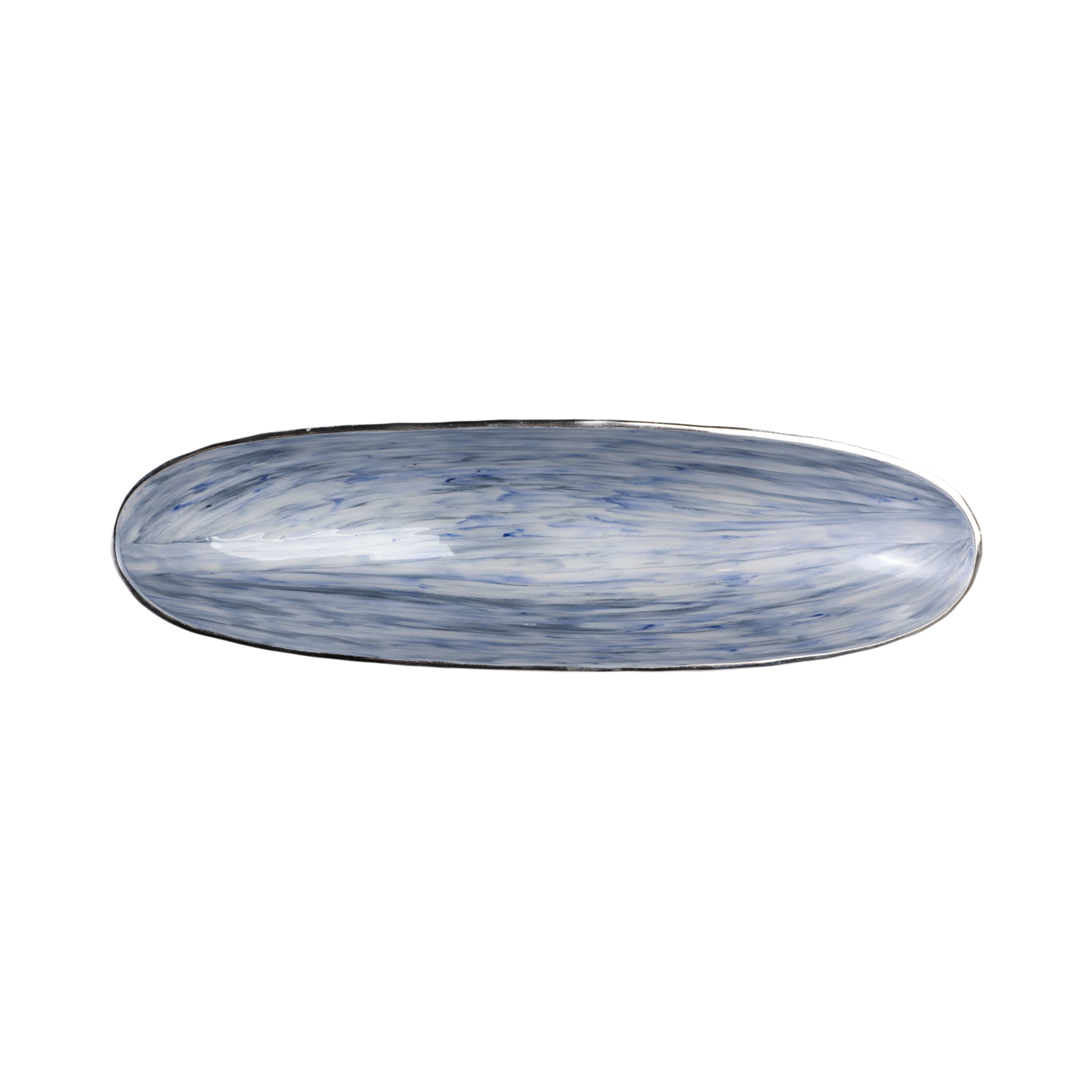 S/2 20/23" Oval Metal Bowl W/ Enamel,light Blu/sil - Decor Addict, LLC