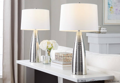 28" Metal Table Lamps ft. Ribbed Body Design (Set of 2): Polished Nickel, White Linen - Decor Addict, LLC