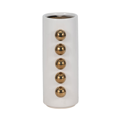 Cer, 10" Vase W/ Side Knobs, White/gold - Decor Addict, LLC