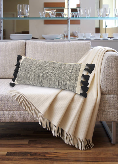 Distressed Gray and Black Fringe Pillow: Gray/Black/Ivory / Poly Filled - Decor Addict, LLC