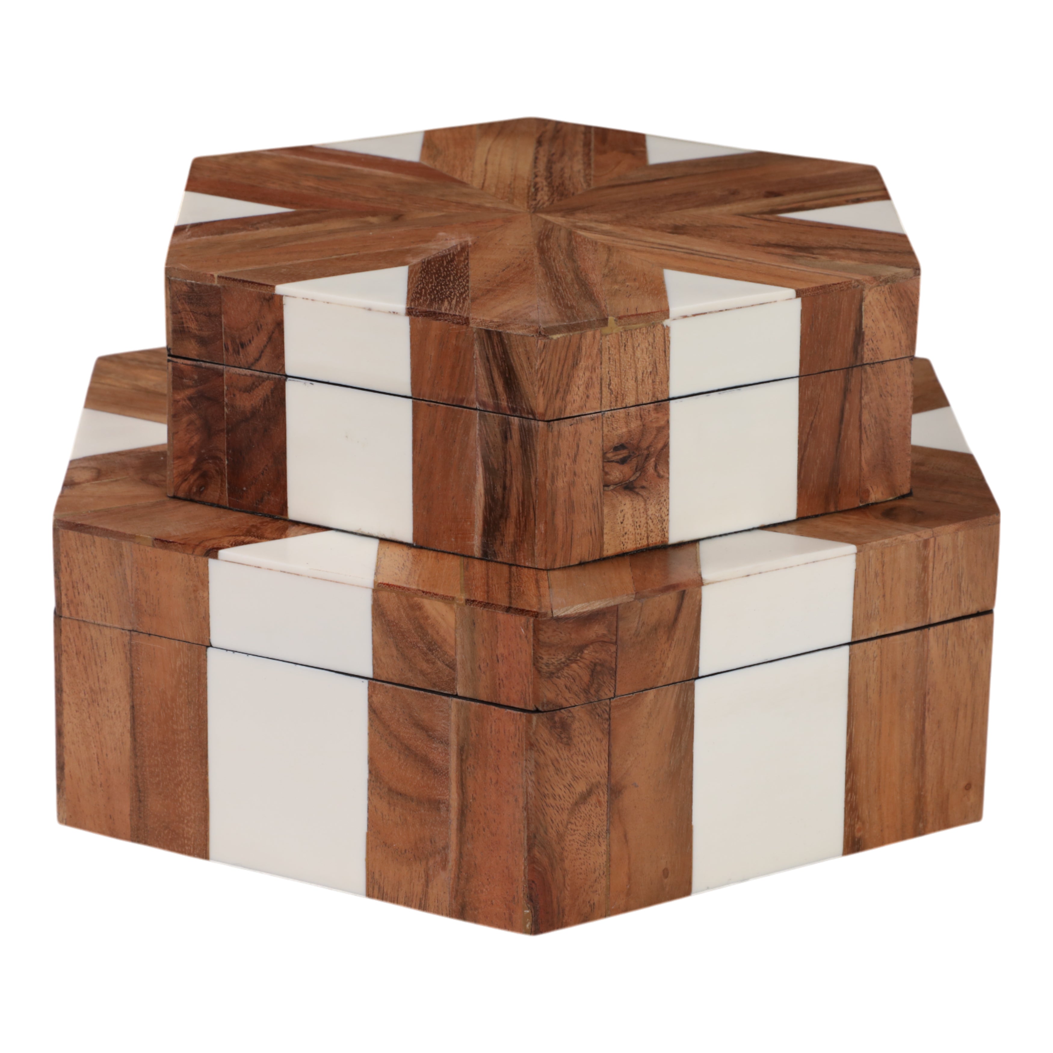 S/2 10/12" Wood Inlay Hexagon Boxes, Natural/white - Decor Addict, LLC