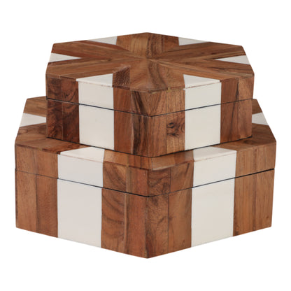 S/2 10/12" Wood Inlay Hexagon Boxes, Natural/white - Decor Addict, LLC
