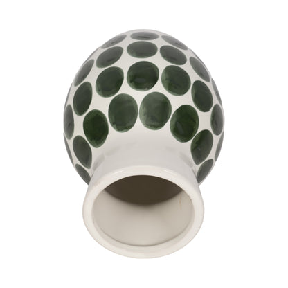 Cer, 10"h Forest Green Polk-a-dot Flower Vase,wht - Decor Addict, LLC