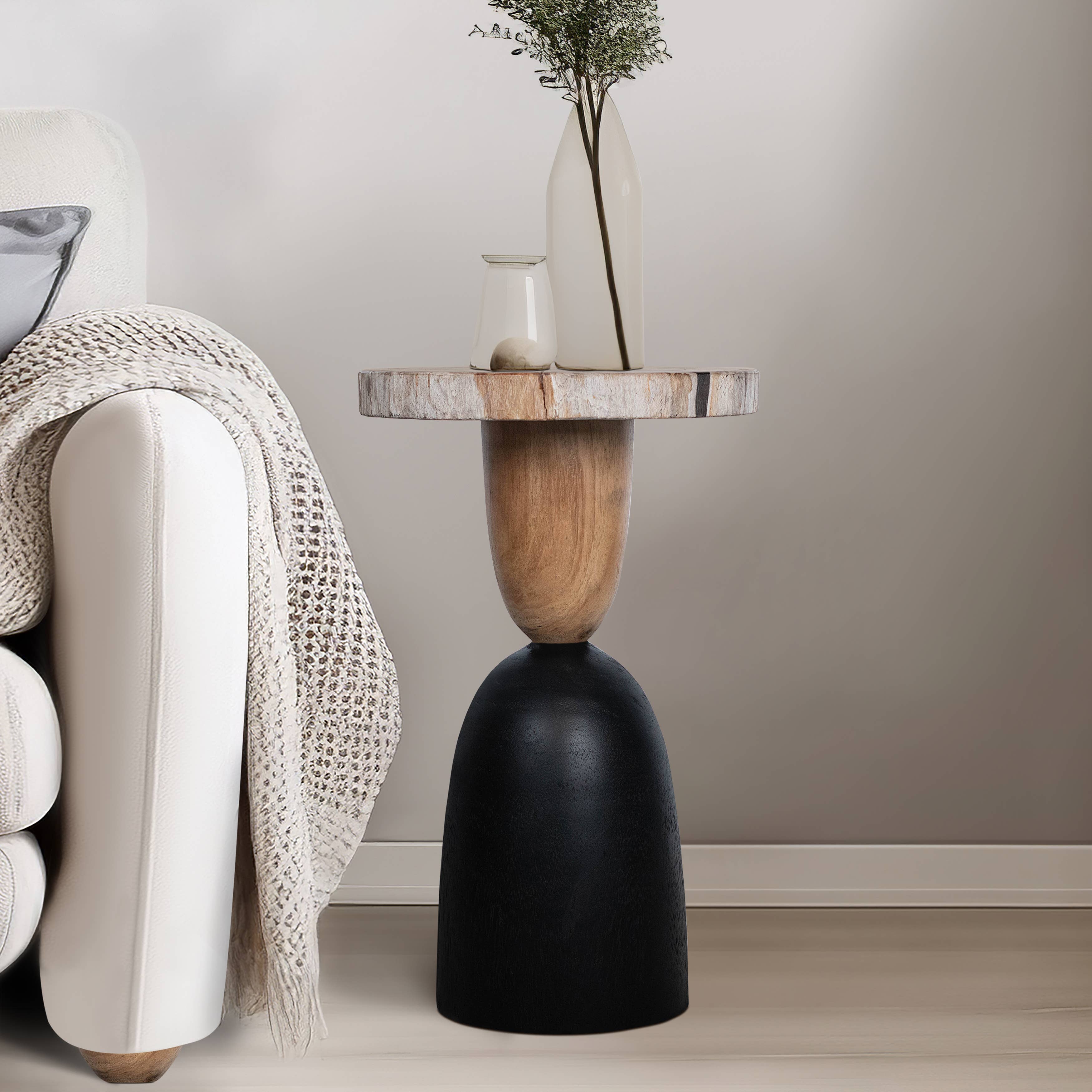 Suar Wood Modern End Table with Geometric Base - Tan, 20 in. - Decor Addict, LLC