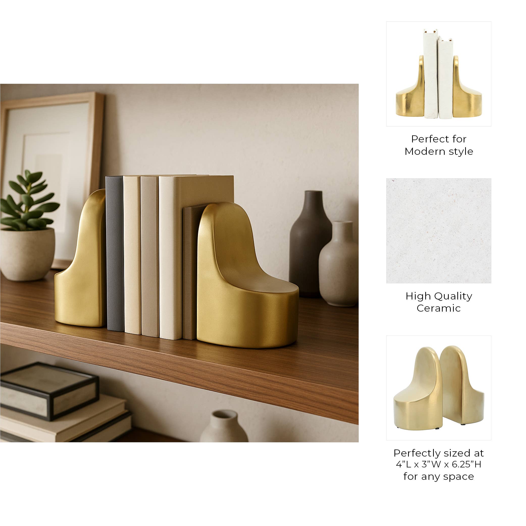 Bookends Set of 2 - Gold Ceramic Contemporary, 6 in. - Decor Addict, LLC