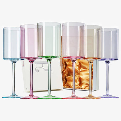 Colored Square Crystal Wine Glasses | 6 Set, 12 OZ