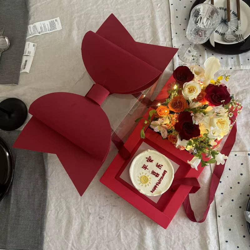 Big Bow Two Section Rectangle Flower Box with Clear Lid (2 pcs/set): Red - Decor Addict, LLC