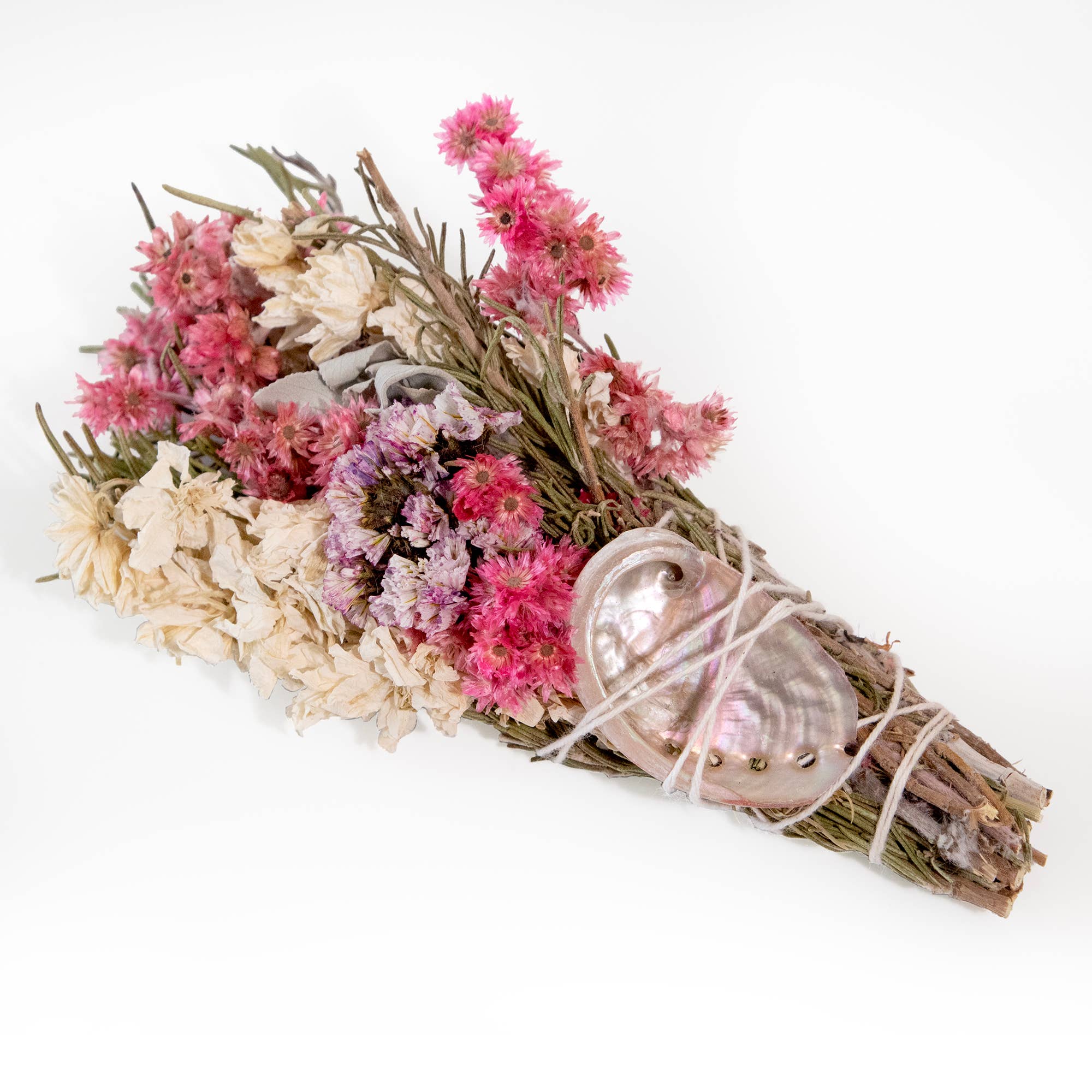 6" Pink & White Floral Smudge Wand with Shell - Decor Addict, LLC