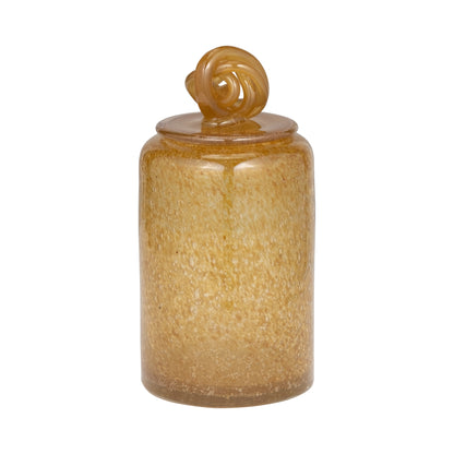 Glass, 10" Jar W/ Knot Lid Amber Bubble - Decor Addict, LLC