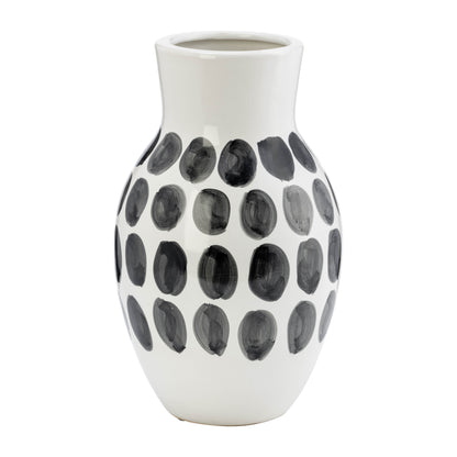 Cer, 10"h Blk Polk-a-dot Flower Vase, White - Decor Addict, LLC